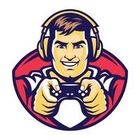 mascot icon of a gamer playing game set inside shield on isolated background done in retro vector