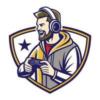 a man with headphones and a beard holding a controller vector