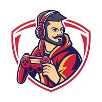 a man with a beard and a controller in his hand vector
