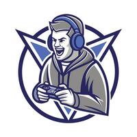 mascot icon illustration of a gamer gamer playing game controller set inside triangle on isolated background vector