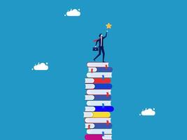 businessman reaching up to the top of a stack of books vector