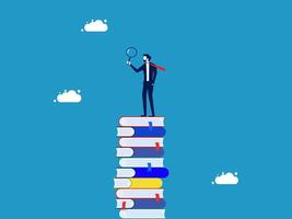 businessman standing on top of stack of books with magnifying glass vector