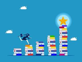 a man is climbing up a stack of books to reach a star vector