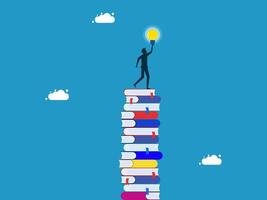 a person standing on top of a stack of books with a light bulb vector