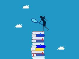 a woman is standing on top of a stack of books with a magnifying glass vector
