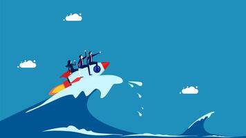 business team riding on a rocket ship in the ocean vector
