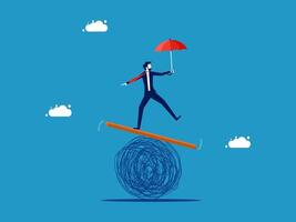 businessman balancing on a balance beam with an umbrella vector