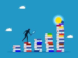a man is standing on top of books and looking at a light bulb vector