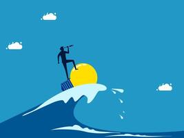 businessman standing on top of a wave with a globe vector