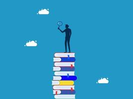 a man standing on top of stack of books with magnifying glass vector