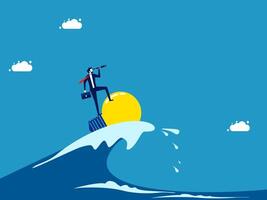a man standing on top of a wave with a big ball vector
