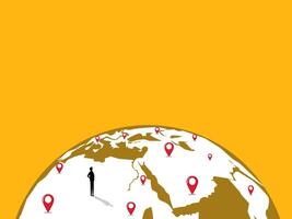 man stands looking at world map pins, expanding branches, traveling, searching for new business vector