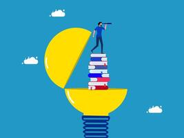 man standing on top of books and looking through a telescope vector