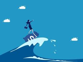 a woman standing on top of a wave with a suitcase vector