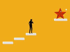 Think of a solution. Businessman stuck in the gap between the stairs, can not reach the star vector