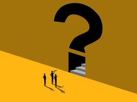 Overcoming problems, Courage. Businessman on the stairs in question mark on the wall vector