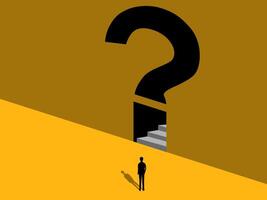 Overcoming problems, Uncertainty. Businessman on the stairs in question mark on the wall vector