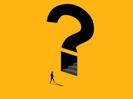 Problem solving. Businessman on the stairs in question mark on the wall vector