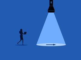 Help show the way or solve the problem. Businesswoman follows the arrow to opportunity vector