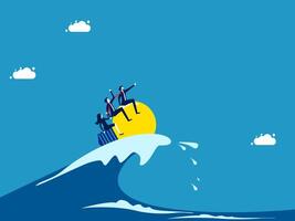 business team riding on top of a wave with a sun in the background vector
