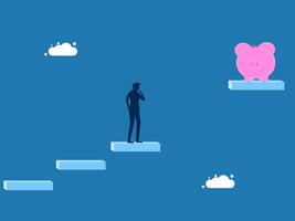 Saving Challenge. Businessman stuck in the gap between the stairs and the piggy bank vector