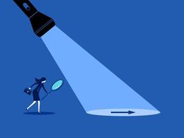 A long way ahead, help find a business way out. Businesswoman follow the guiding light vector