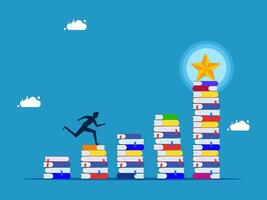 a man is running up a stack of books to reach a star vector