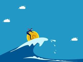 a man riding on top of a wave with a coin vector