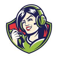 mascot illustration of a female gamer playing game on controller set inside shield crest on isolated vector