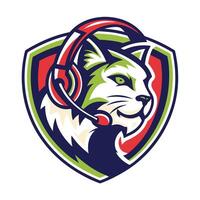 mascot icon head of a cat with headphones on head viewed from side set inside shield crest vector