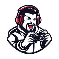 mascot icon game gamer man with headphones holding controller viewed from front on isolated background vector