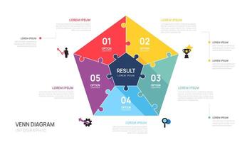Infographic Venn diagram pentagon chart template for business 5 steps presentation with venn diagram elements illustration. vector
