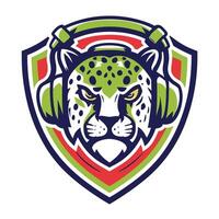 mascot icon jaguar head with headphones on head viewed from side set inside shield crest vector