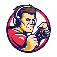 mascot icon game gamer angry man holding controller set inside circle on isolated background done in vector