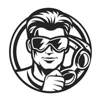 a man with goggles and a helmet in a circle vector
