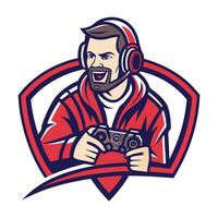a man with a beard and headphones ,holding a controller vector