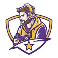 mascot icon retro retro gamer bearded man holding controller set inside shield crest on isolated background done vector