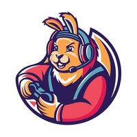 mascot illustration of a flying rabbit with headphones holding a controller set inside circle on isolated background vector