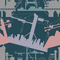Seamless pattern with silhouettes of heavy lifting port and construction cranes, loaders and oil platforms. vector