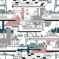 Seamless pattern of containership, bulker, tanker and icebreaker with silhouettes of cargo port cranes against white background. Trade, business, import, export, logistics concept. vector
