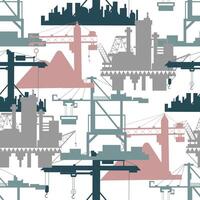 Seamless pattern with colorful silhouettes of heavy lifting port and construction cranes, loaders and oil platforms on white. Trade, business, import, export, industrial and logistics concept. vector