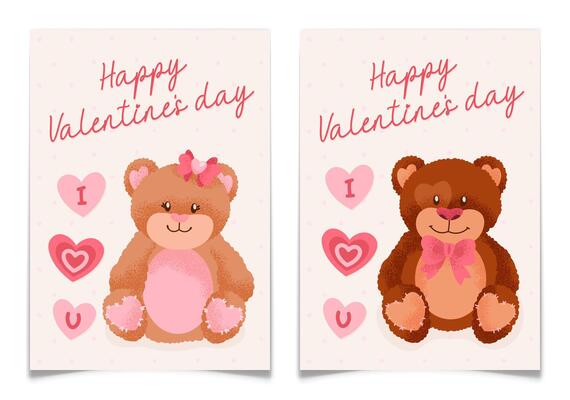 Valentines Day card set with cute teddy bears couple. Elegant handwritten love text. Holiday romantic postcard collection with hand drawn plush toy animals. Flat style textured illustration