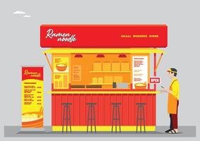 an illustration of an open ramen shop with a ramen noodle sign and red yellow colors with chef stand vector