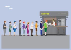 an illustration of an open coffee shop with a people queue in line and grey colors with barista serving vector