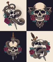 Set of 4 retro skull rose with snake and knife. illustration vector