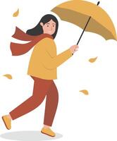 Girl Walking in Autumn Day with Yellow Umbrella vector