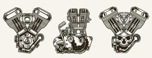 Set of motorcycle engine with monochrome style vector