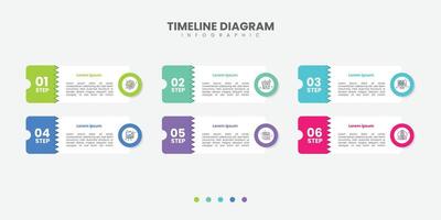 Business infographic template. 6 Step timeline journey. Process diagram, 6 options style ticketing on white background vector