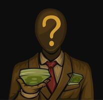 Mysterious Businessman With Question Mark On Head Holding Money In Dark Background Illustration vector