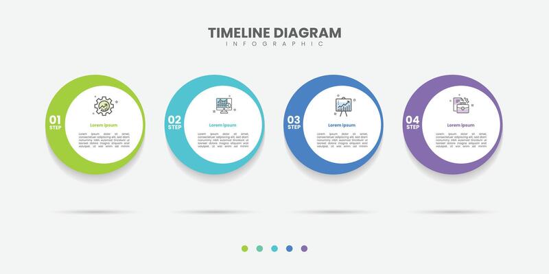 Business infographic template. 4 Step timeline journey. Process diagram, 4 options circle colorfulon white background, Infograph elements